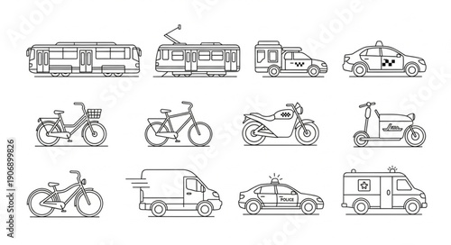 Collection of various transportation vehicles in line art style.