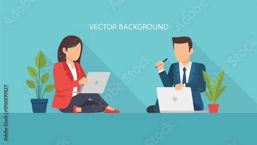 Flat vector illustration of people working on laptops, with plants nearby