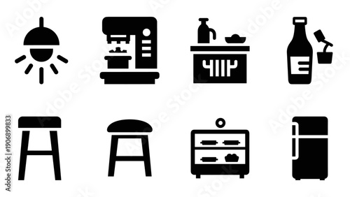 Modern kitchen essentials icons: home appliances and furniture in black silhouette style