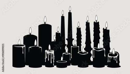 Black Candle Silhouettes with Glowing Flames Collection on Light Grey Background