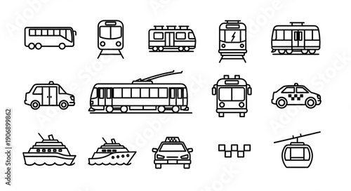 Collection of various transportation vehicles in line art style.