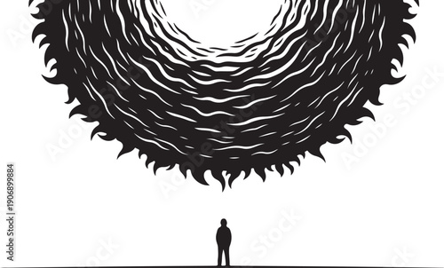 Man standing under a swirling vortex of black flames