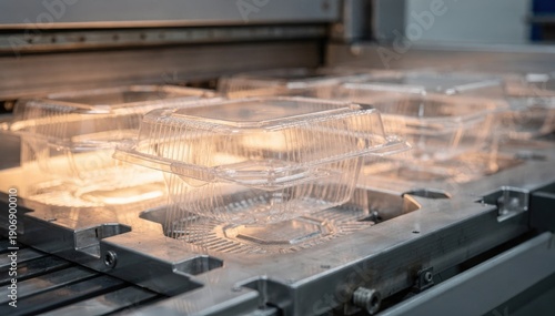 Close medium view of deep thermoformed clamshell salad containers being molded with heated plastic sheets highlighting durable design for fresh produce storage.