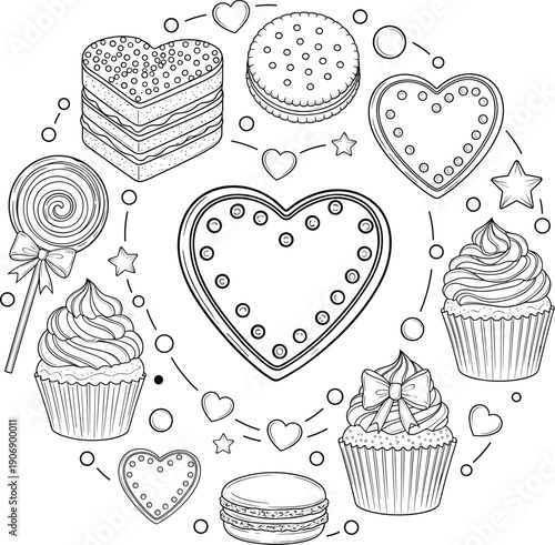 Valentines day sweets and hearts line art set with cupcakes macarons candy romantic coloring vector illustration