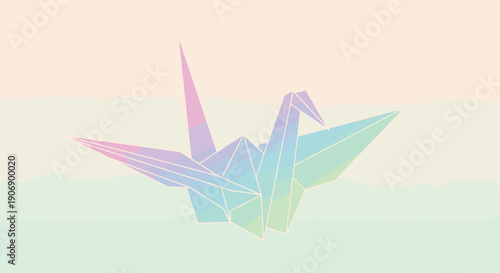 An elegant origami paper crane with sharp geometric folds and a vibrant pastel rainbow gradient coloring rests gently against a serene, softly blended background, showcasing its delicate form.