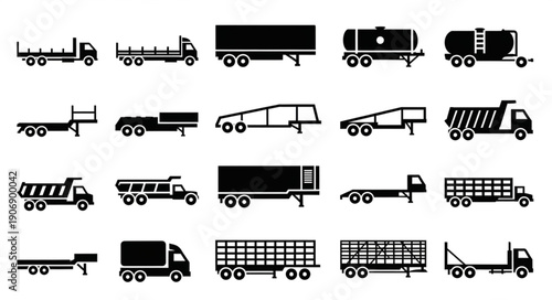 Collection of various truck and trailer silhouettes for logistics and transport.