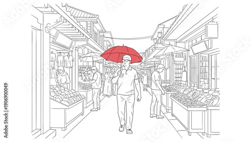 Black and white street scene with red umbrella in busy marketplace