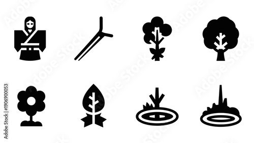 Nature icons set: trees, leaves, and japanese culture in bold silhouette style