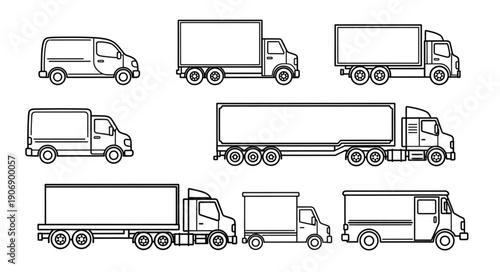 Collection of various truck and van illustrations in black and white.