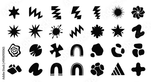 Black abstract shapes and symbols vector icons set, for graphic design or website decoration, isolated on transparent background, png