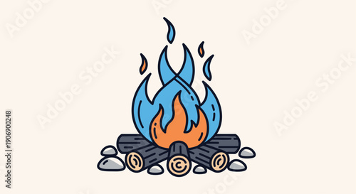 A cheerful cartoon campfire illustration features dynamic blue and orange flickering flames rising from stacked brown firewood logs, surrounded by small grey stones on a soft, light beige background.
