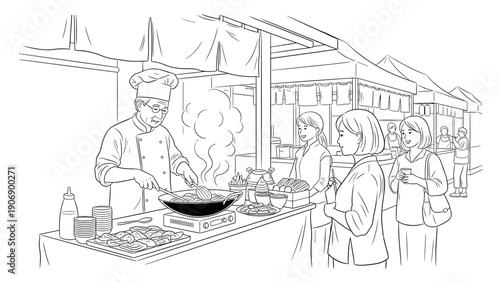 Street food market scene with chef cooking and customers in line art style