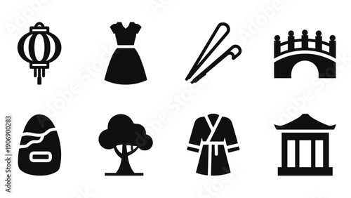 Icon set featuring asian culture elements in minimalist style