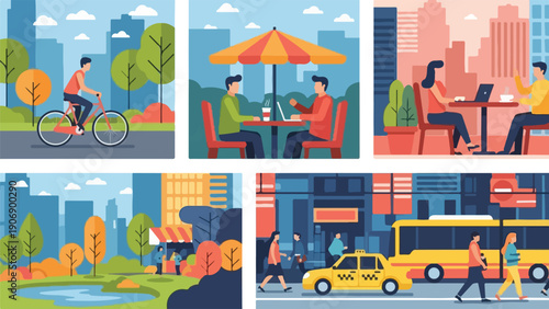 Flat vector illustrations depicting urban life scenes, with people and cityscapes