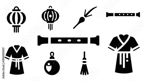 Asian culture icons: traditional outfits, lanterns, flute, and more in bold silhouette design