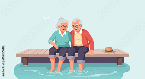Happy elderly couple enjoying a peaceful moment by the water