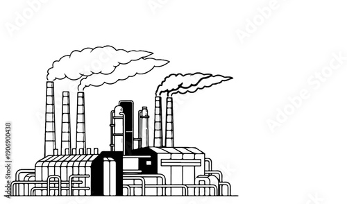 Industrial factory complex with smoking chimneys and intricate pipework