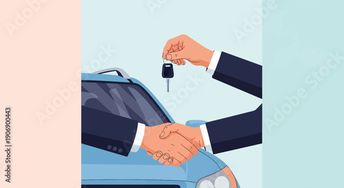 Handshake and car key exchange near a blue automobile