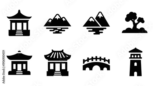 Stylized asian landmark silhouettes featuring pagodas and mountains