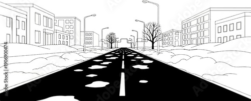 Linear perspective street view of snow-covered city with puddles