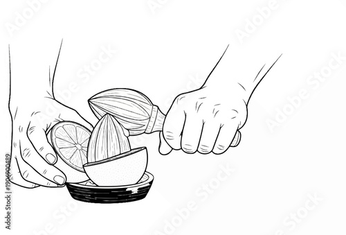 Hands using a manual citrus juicer to extract juice from a halved fruit