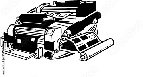 Industrial printing machine processing a roll of material