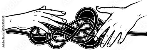 Hands untangling a complex knot of interwoven black and white lines
