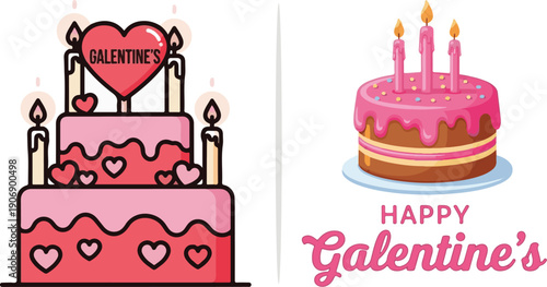 Festive vector cakes for Galentine's Day. Features a tiered pink cake with heart toppers and candles, alongside a chocolate drip cake with pink frosting, sprinkles, and "Happy Galentine's" text.