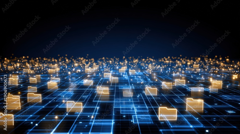 Obraz premium Abstract network grid with files and folders, futuristic software interface, digital document management system, store, search and organize documents, corporate business, paperless office 