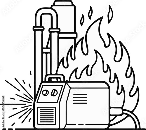 Industrial equipment engulfed in flames with sparks flying