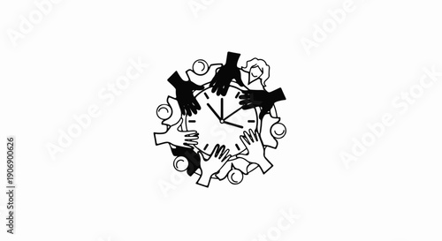 Hands of diverse people gather around a clock face in a collaborative effort