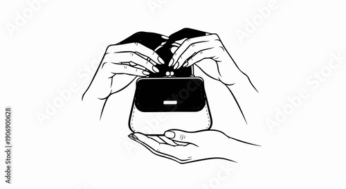 Hands opening a black clasp purse held by another hand