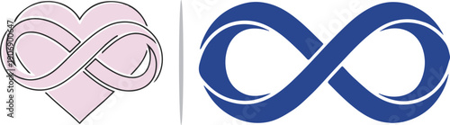 A soft pink heart entwined with a matching infinity symbol alongside a bold, standalone blue infinity loop. A minimalist representation of eternal love and everlasting friendship.