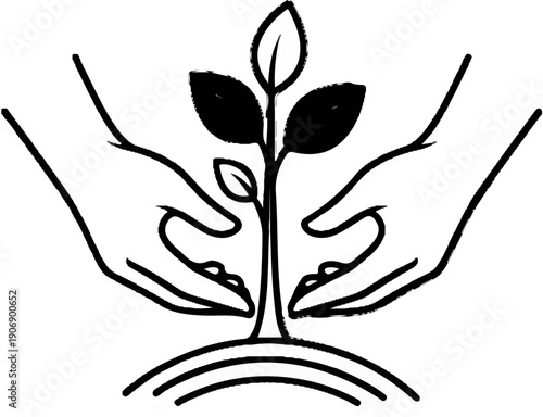 Hands nurture a growing plant sprout on layered curves