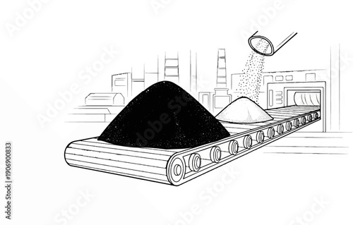 Industrial conveyor belt processing bulk materials with factory background