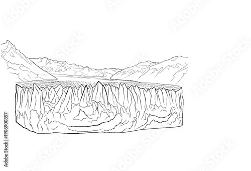 Jagged glacial ice wall towering over a frozen landscape with distant mountains