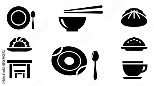 Minimalist asian cuisine icons set: dumplings, bowls, and table elements