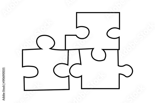 This image is a minimalist line icon of three interlocking puzzle pieces. The pieces are arranged in a cluster, showing how they fit together.