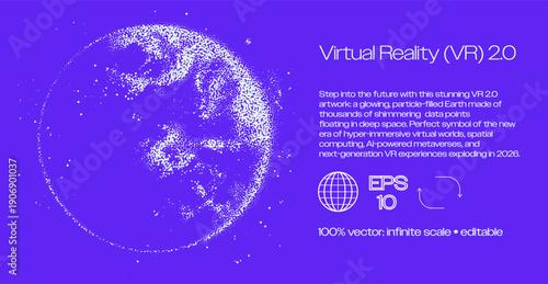Glowing purple vector illustration of particle-filled Earth globe in deep space, futuristic data points shimmering. Conceptual vector art for VR 2.0, metaverse, spatial computing themes.