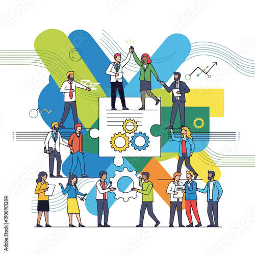 Illustration of a business team collaborating, with gears and shapes