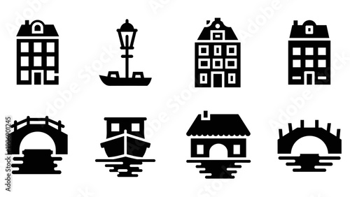 Icon set of amsterdam architecture and transportation