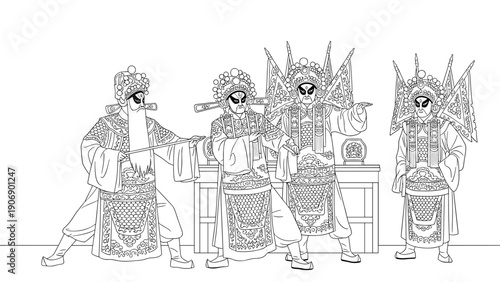 Traditional chinese opera performers in intricate costumes line art