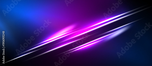 Abstract background features vibrant blue, purple light streaks. Diagonal lines create dynamic visual effect. Dark areas contrast bright illumination.