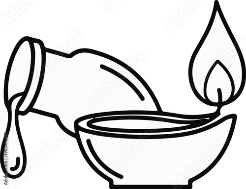 Liquid pouring from a jug into a lit oil lamp