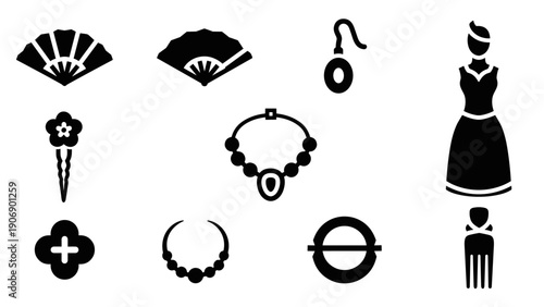Elegant black silhouette icons of jewelry and accessories on white background