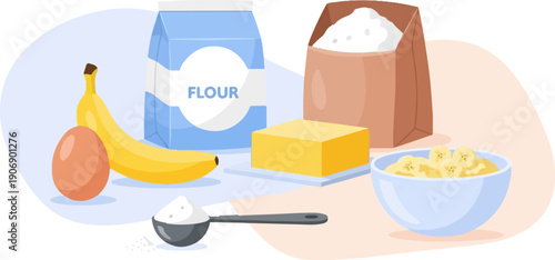 Ingredients for baking banana bread flour, egg, banana, butter, sugar, and sliced banana