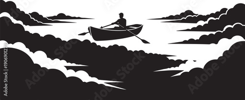 Man in a boat on a serene lake landscape
