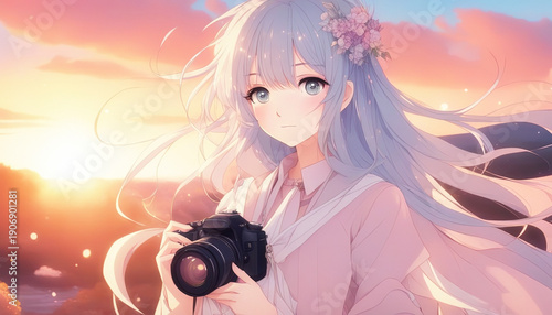 A beautiful girl with long hair holds a camera, surrounded by a vibrant sunset sky.