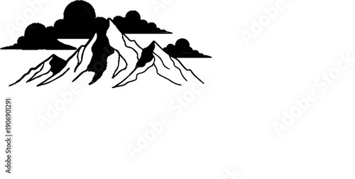 Jagged mountain peaks pierce dark, swirling clouds under a bright sky