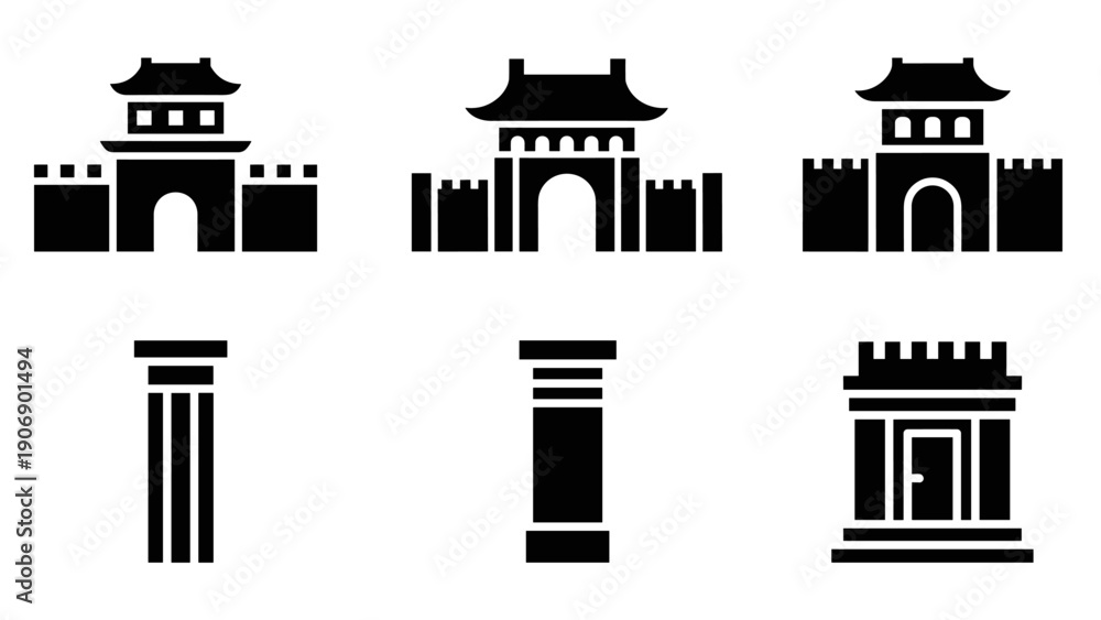 Obraz premium Silhouette icons of ancient temples and classical architecture elements